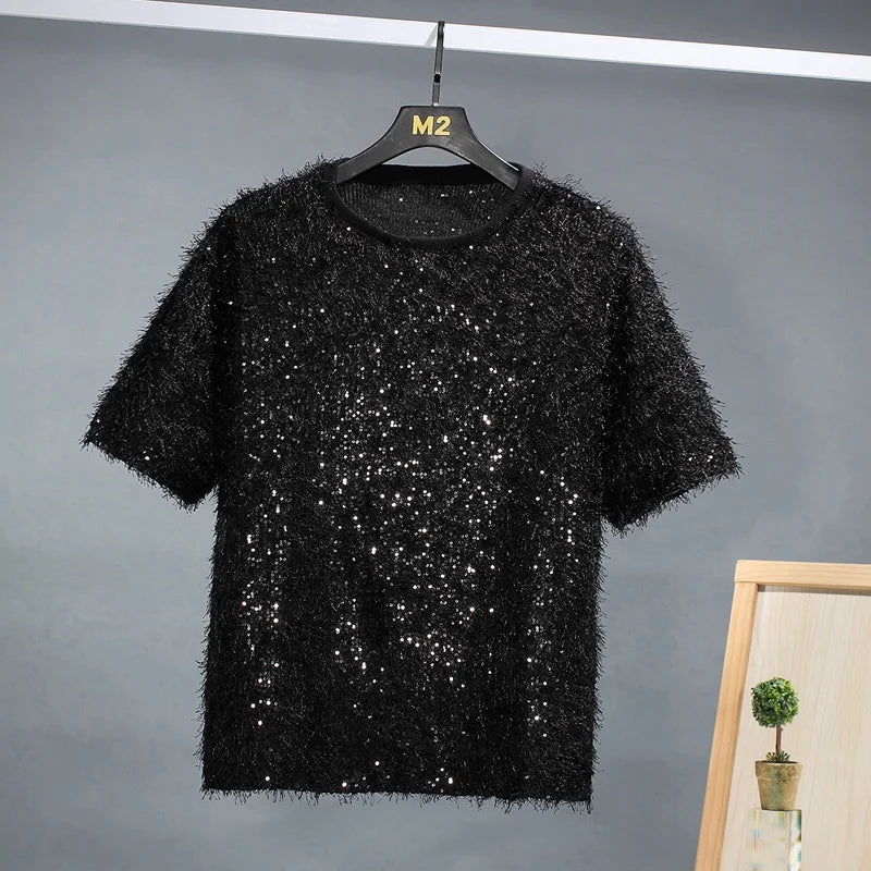 sanyamk - Men Women Sequin Tassels Stage Fashion Show Loose Casual Short Sleeve Tee Shirts Unisex T-shirt Party Clothing Couple Tshirts