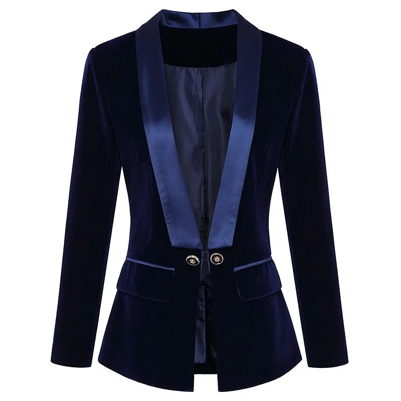 sanyamk - Dark Blue Black Blazer Women Spring Autumn Long Sleeve Velvet Coats Shawl Collar Single Button Blazers Women Jacket Coat Female