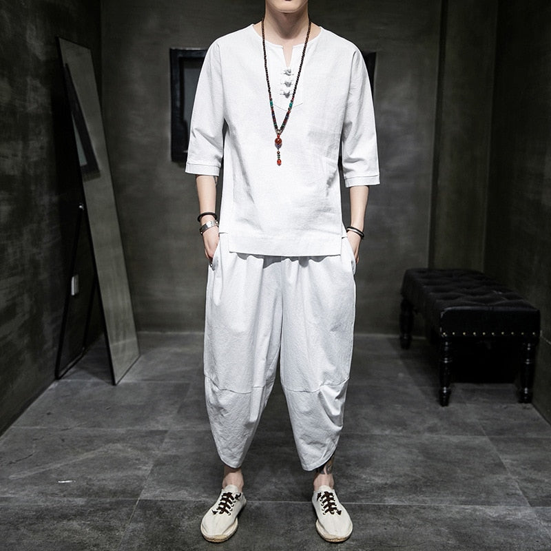 sanyamk Japanese Style Suits Kimono Short-Sleeved T-shirt Pants Two Piece Men Tops Trousers Male Japan Harajuku Yukata Cardigan Costume
