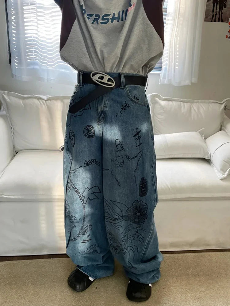 sanyamk Hip Hop Baggy Jeans Men Oversize Denim Pants Blue Jeans Printed Wide Leg Trousers Male Jeans Hippie Streetwear Casual