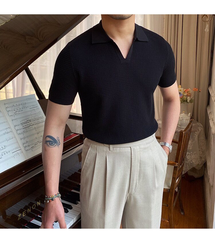 sanyamk Summer New V-neck Men's Solid Color Short-sleeved T-shirt British Slim Lapel Knitted Striped Casual Polo Shirt