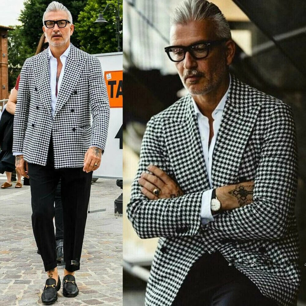 sanyamk Double Breasted Houndstooth Blazer for Men Peaked Lapel Custom Made Wedding Suit Jacket Male Fashion Coat