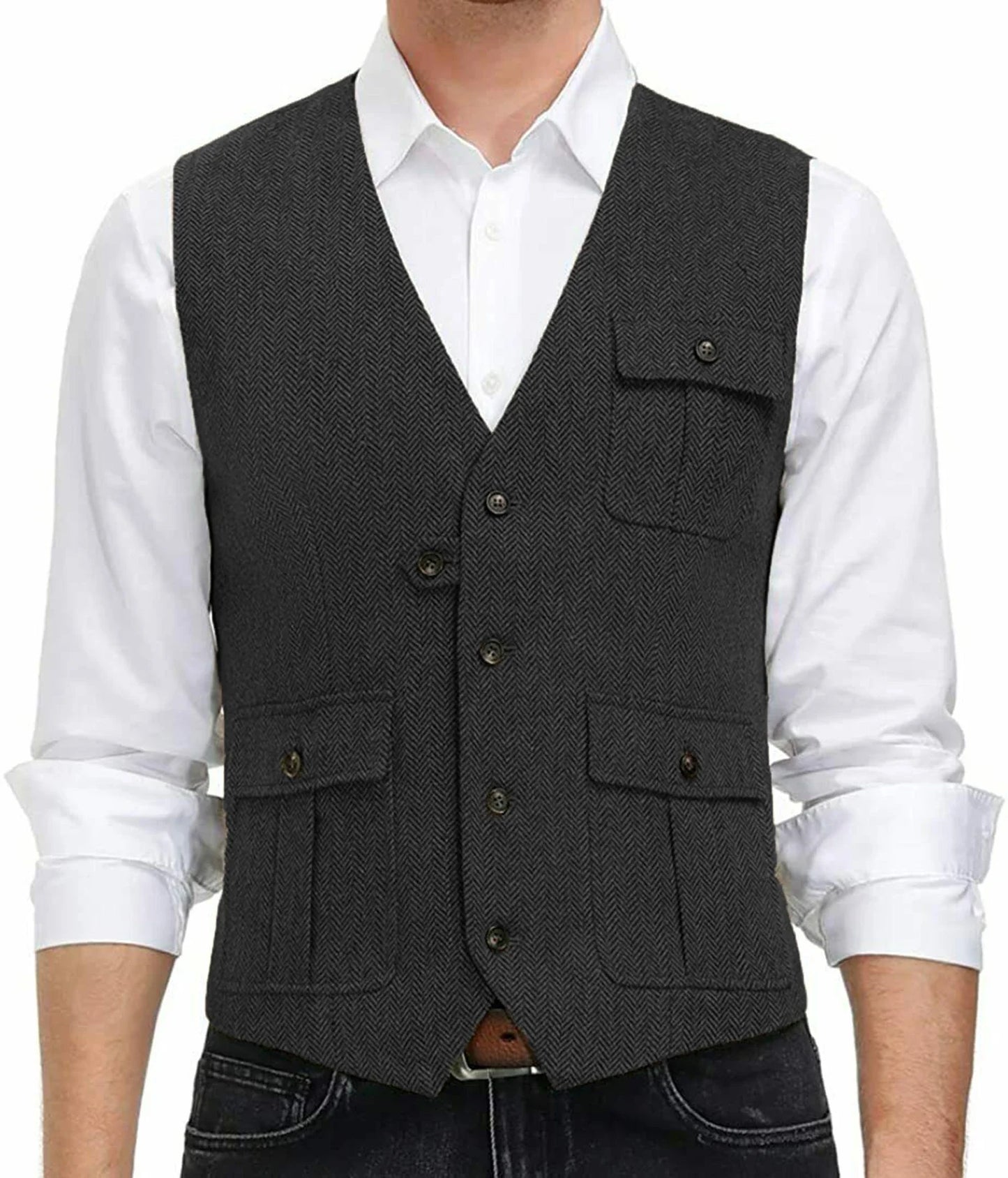 sanyamk Light Blue New Men Vest Wool Tweed Casual Waistcoat Formal Business Vest For Wedding Groomsmen Party Banquet Suit