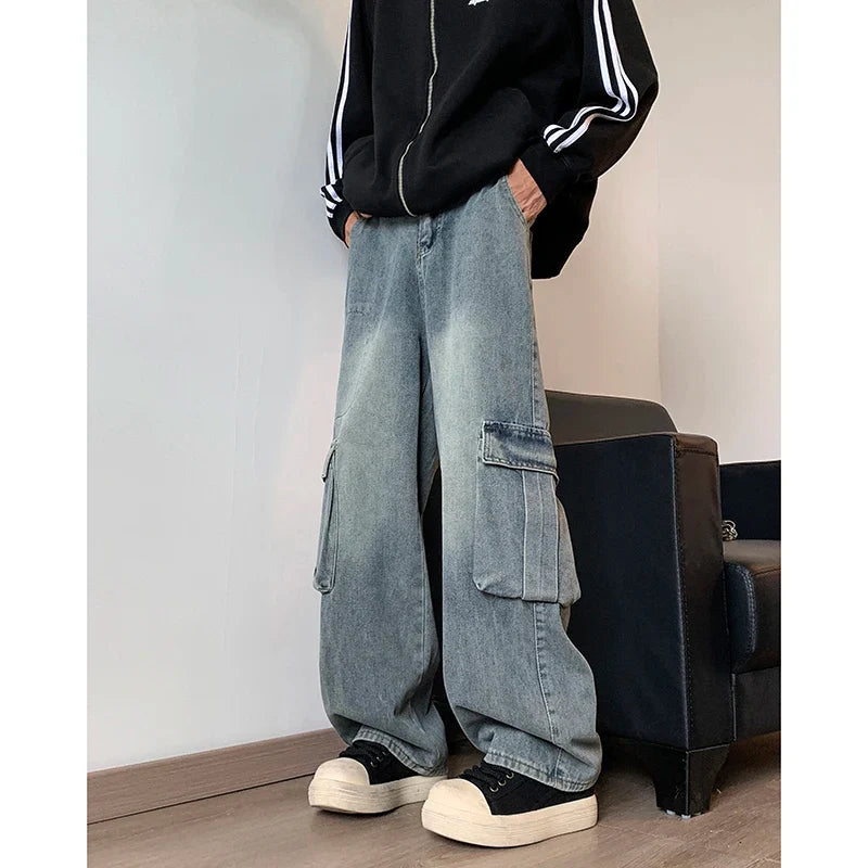 sanyamk Men Cargo Jeans Loose Straight Wide Leg Denim Pants Men's Hip Hop Streetwear Neutral Skateboard Mopping denim Trousers