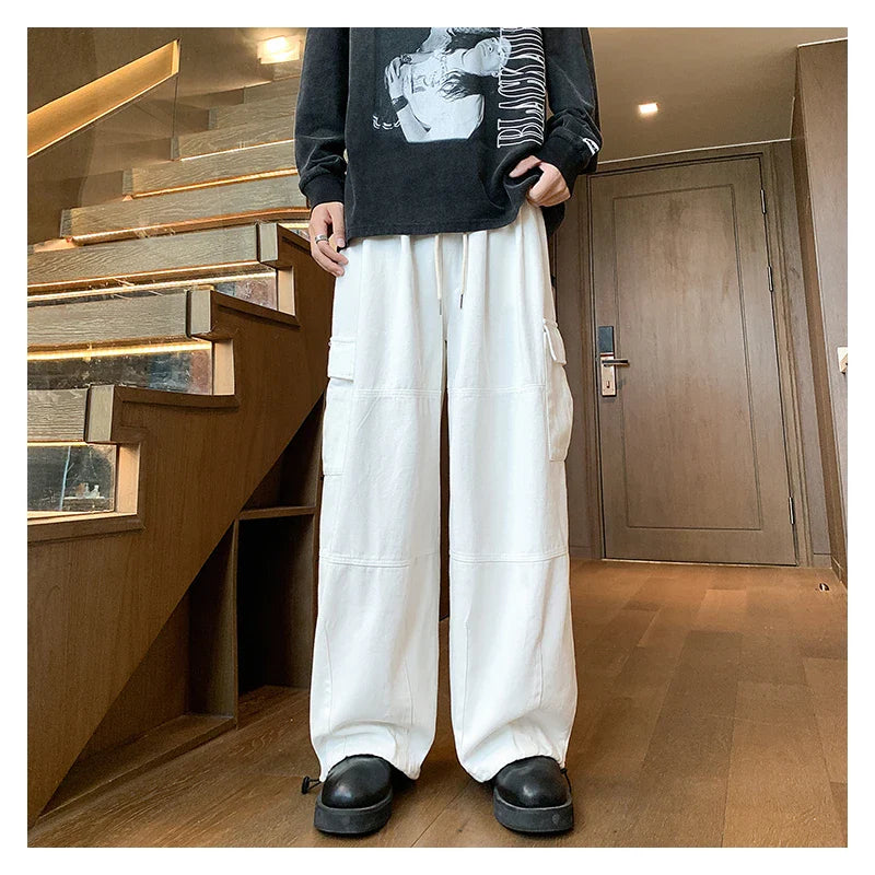 BONSIR - Multi-Pocket Washed Cargo Pants Men Women Y2K Vintage Streetwear Loose Oversized Straight Wide-Leg Jeans Dark Green/Purple