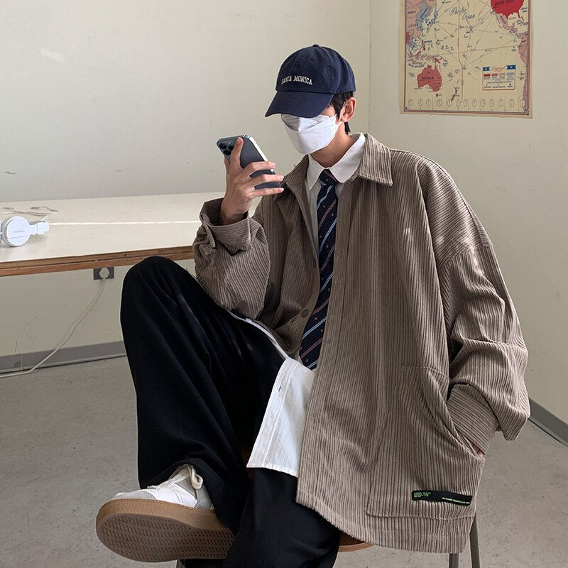 Bonsir Autumn Khaki Black Corduroy Jacket Men Fashion Retro Casual Lapel Jackets Mens Streetwear Hip Hop Loose Bomber Jacket Men M-2XL