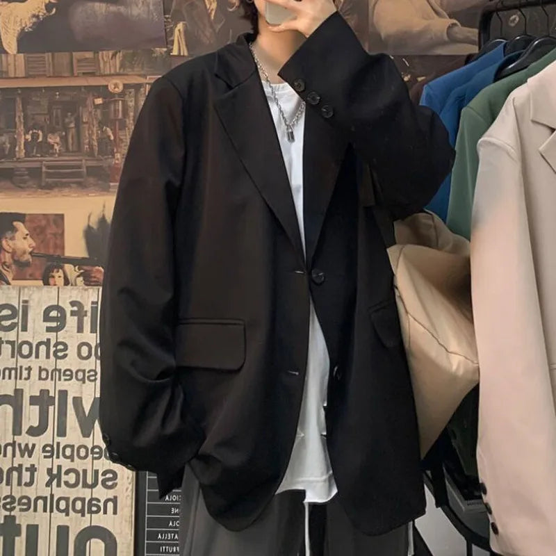 BONSIR - Korean Style Blazer Men Fashion Solid Color Business Casual Suit Jacket Men Streetwear Loose Dress Jackets Mens Formal Blazer
