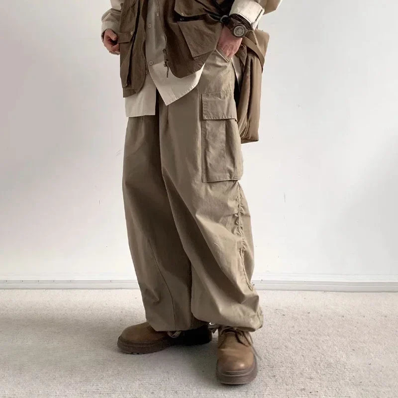 sanyamk Japanese Wide Leg Cargo Pants Men Vintage Oversize Cargo Trousers Male Loose Casual Streetwear Hip Hop Pocket Autumn