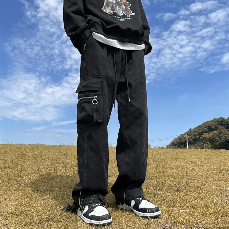 sanyamk Japanese Men's Chessboard Checker Jeans Fashion Street Hip Hop Loose Straight Wide Leg Pants Couple Outerwear Pants Red Black