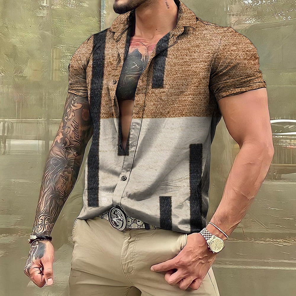 Bonsir Vintage For Men Shirts Patchwork 3d Print Camisas Lapel Oversized Short Sleeve Tops Streetwear Summer Male Hawaiian Shirt Tees