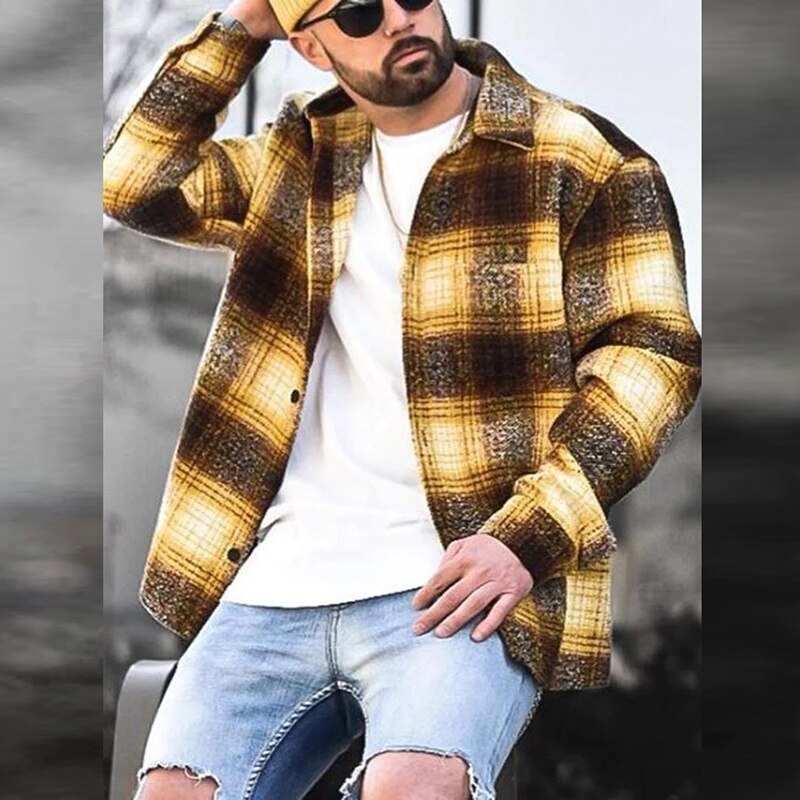 Bonsir Casual Long Sleeve Mens Jackets Button-up Turn-down Collar Cardigans Tops Autumn Men Fashion Plaid Printed Coats Outerwear