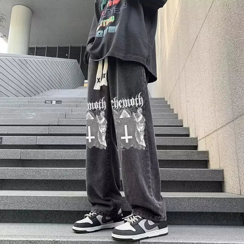 sanyamk Fashion Elastic Waist Printed Jeans Autumn Gothic High Street Causal Loose Drop Long Pants Men Trousers Male Clothes