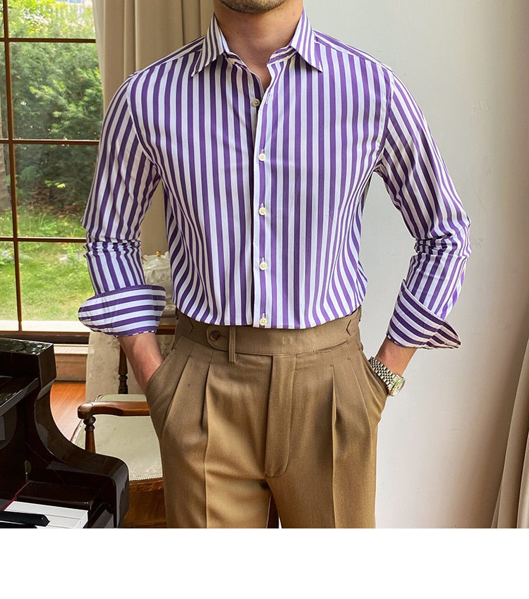Bonsir British Casual Contrasting Colors Stripe Shirt Retro Shirt Dress Camisa Masculina Social Italian Fall Men Long Sleeve Shirt