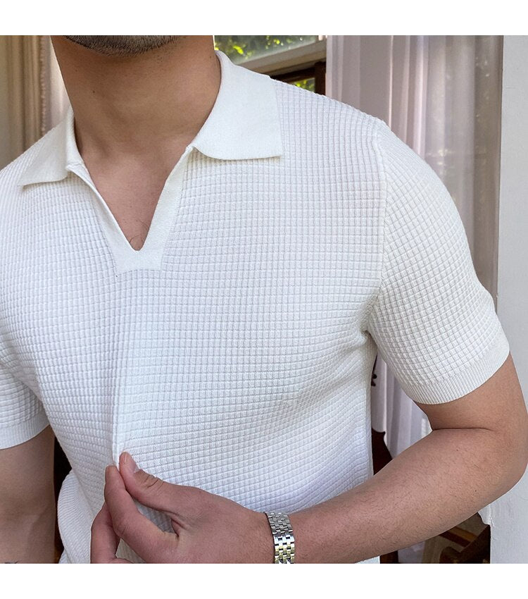 sanyamk Summer New V-neck Men's Solid Color Short-sleeved T-shirt British Slim Lapel Knitted Striped Casual Polo Shirt
