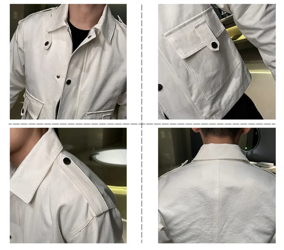BONSIR - Autumn Retro High Street Couple Bomber Jacket Solid Color Large Pocket Baseball Jacket Men Coat Lapel Jacket Male Club Outfit