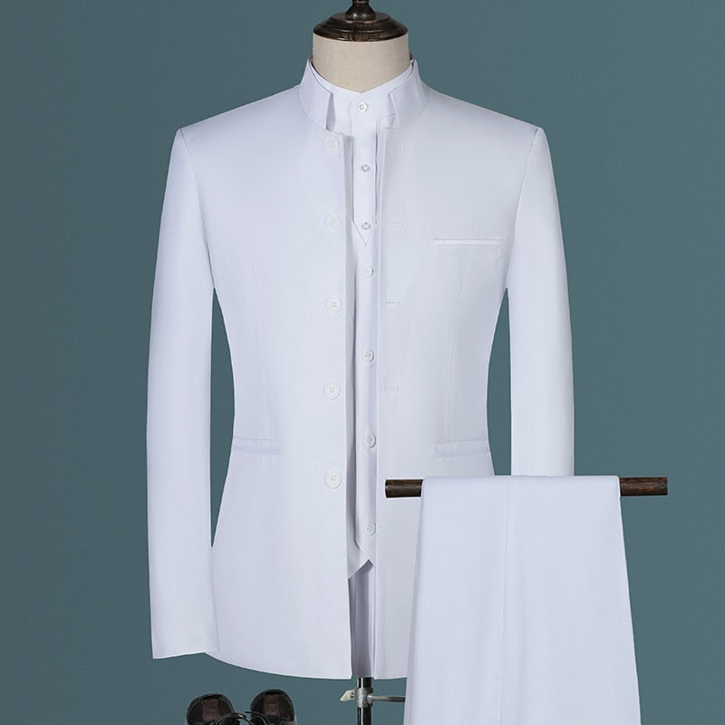 sanyamk Stand Collar Men Blazer Pants Vest Business Men's Wedding Suit Jacket Coat Trousers Waistcoat High Quality Slim Vest Dress Set