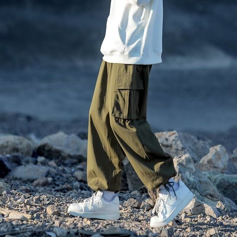 Bonsir Green Black Cargo Pants Men Fashion Retro Pocket Casual Pants Men Japanese Streetwear Hip Hop Loose Straight Pants Mens Trousers