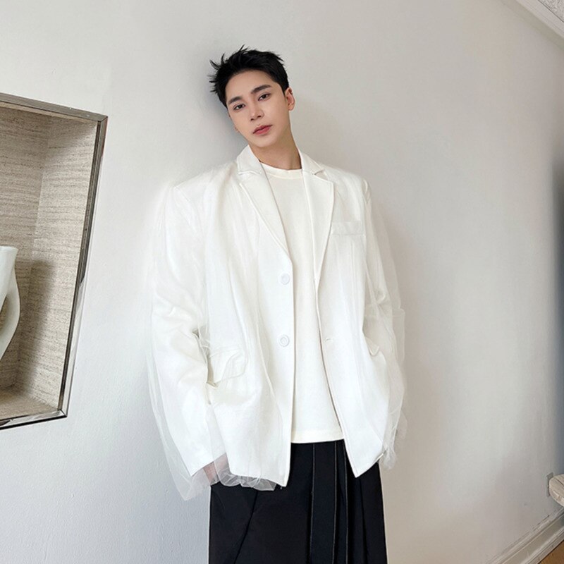 sanyamk IEFB New Trend Mesh Patchwork Suit Jacket Male Balzers Lapel Solid Color Niche Design Men's Clothing Single Breasted Top 9A7670