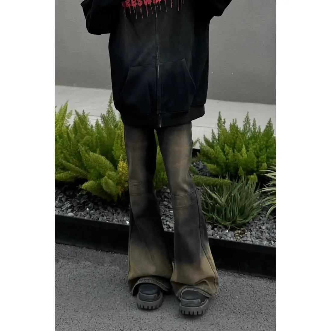sanyamk High street hip-hop men and women trendy washed personalized micro trumpet retro patchwork jeans American loose casual pants