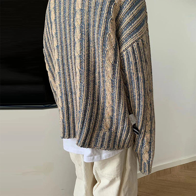 sanyamk - Fashionable Striped Knitting Sweaters Men Autumn Streetwear Y2K Loose O Neck Long Sleeve Knit T-shirts Mens Vintage Sweater Tops