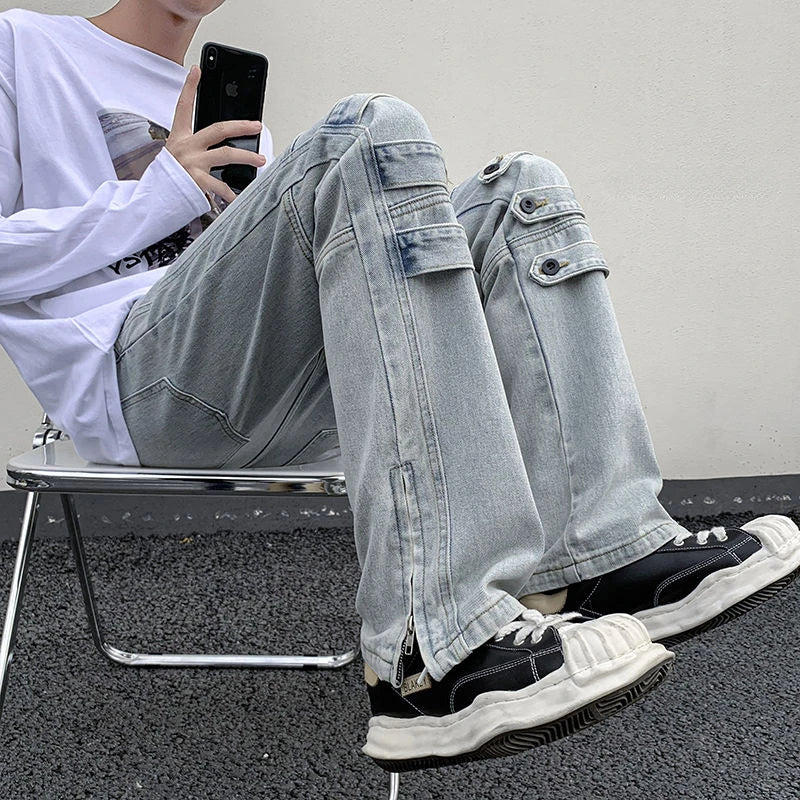 Bonsir American Style High Street Niche Style Zipper Jeans Men Trendy Brand Fried Street Loose Straight Tube Work Pants Design Sense