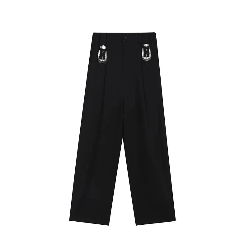 sanyamk Men Metal Button Loose Casual Wide Leg Suit Pants Net Celebrity Male Straight Fashion Vintage Floor Trouser Stage Clothing