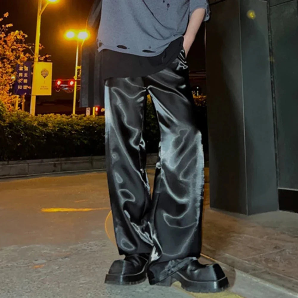 Bonsir 2024 Autumn Mens Wear Glossy Solid Color Satin Loose Casual Trousers Drape Wide Leg Stage Unisex Straight Leg Pants Streetwear