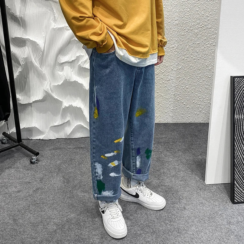 sanyamk Blue Denim Pants Men Graffiti Jeans New Straight Jean Pants Man Casual Baggy Neutral Denim Trousers Men's and Women's Pants