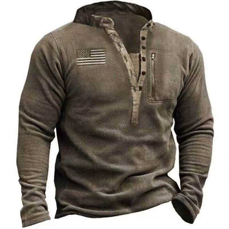 sanyamk Fashion Vintage Men Hoodie Pullover Outwear Solid Men Outdoor Fleece Warm Henley Collar Tactical Zip Pocket Sweatshrt Male Tops