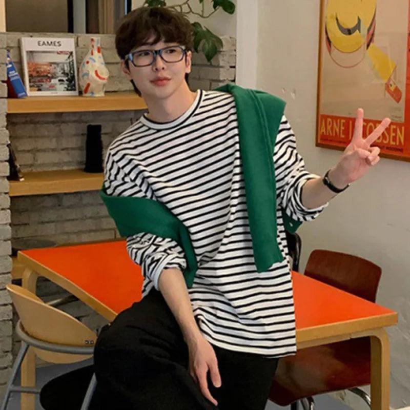 sanyamk - Minimalist Men's T-shirts Stripe Round Collar Long Sleeve Casual Tee Pullover Loose Male Tops Autumn Stylish 2024 9C6920