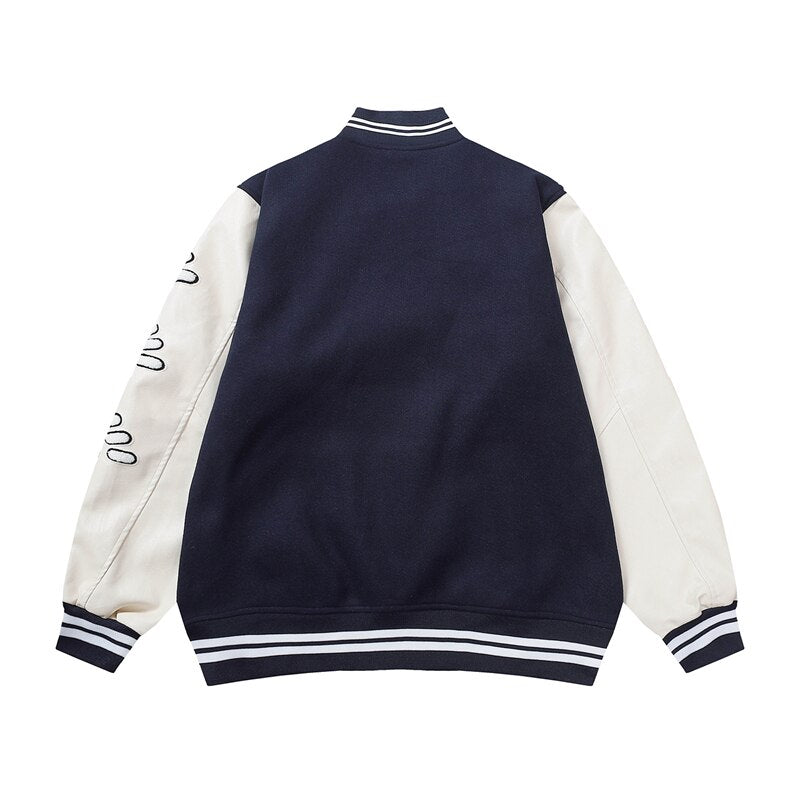 Bonsir Flocking Letter Embroidery Patchwork Human Made Wool Coat for Male and Female Retro Leather Sleeve Oversized Autumn Jackets