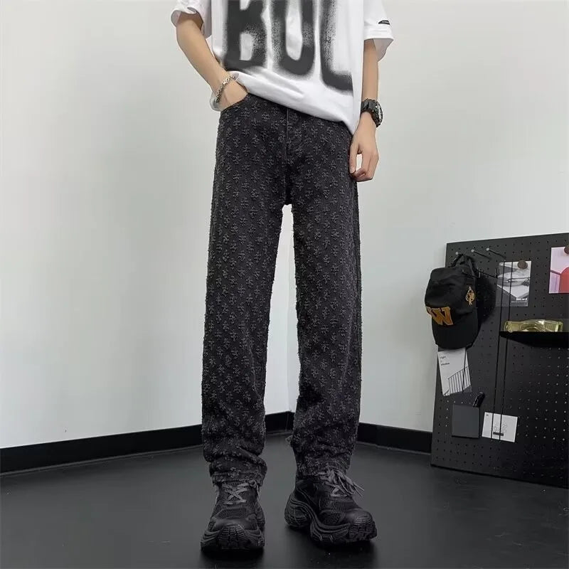 sanyamk Jacquard Pattern JEANS MEN 2024 NEW Denim Pants Male Straight Fitting Baggy Bottoms Distressed Wide Jeans For Men