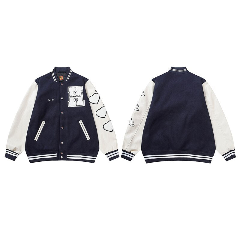 Bonsir Flocking Letter Embroidery Patchwork Human Made Wool Coat for Male and Female Retro Leather Sleeve Oversized Autumn Jackets