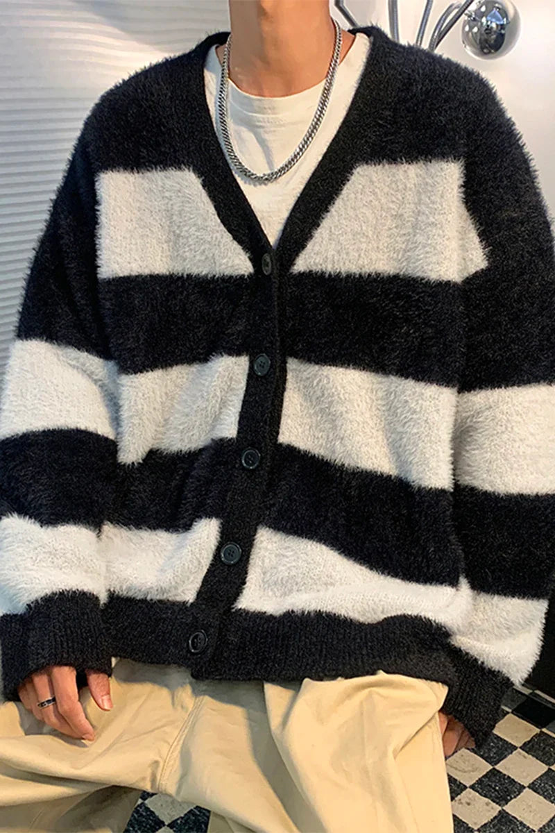 Bonsir Male Cardigans Vintage Retro Sweater Men's Knitted Contrast Color Sweater Winter Warm Casual Korean Streetwear Harajuku F140
