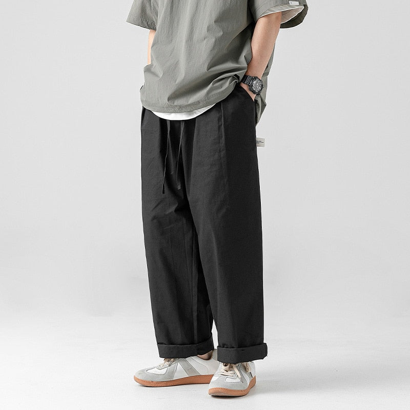 Bonsir Men's Casual Wied Leg Pants Oversize Cotton Trousers Solid Color Vintage Fashion Men Jogging Loose Pants Korean Streetwear