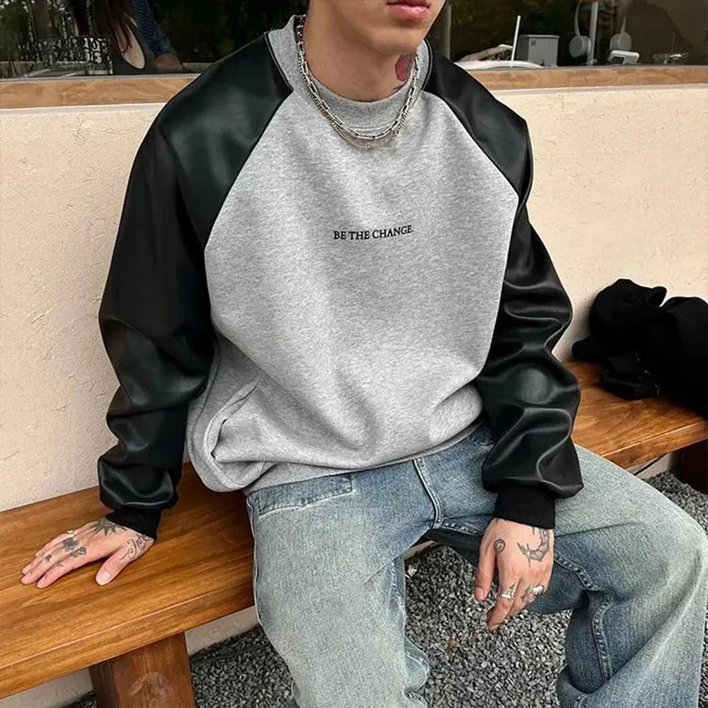sanyamk Mens Y2k Contrast Pu Leather Raglan Sleeves Sweatshirt Autumn And Winter Genderless Casual Loose Splicing Sweatshirt Unisex