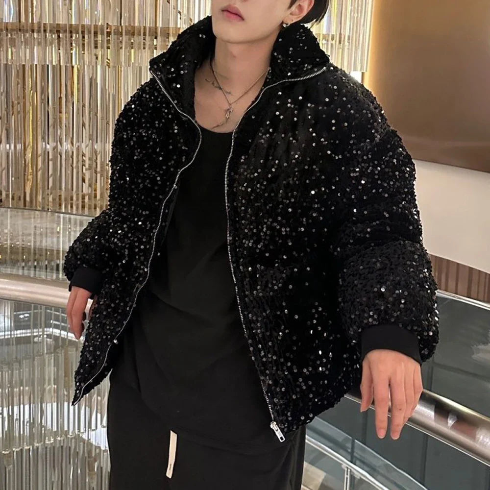 sanyamk Mens sequin casual jacket genderless 2024 new autumn winter fashion personality street trend youth thickened jacket unisex