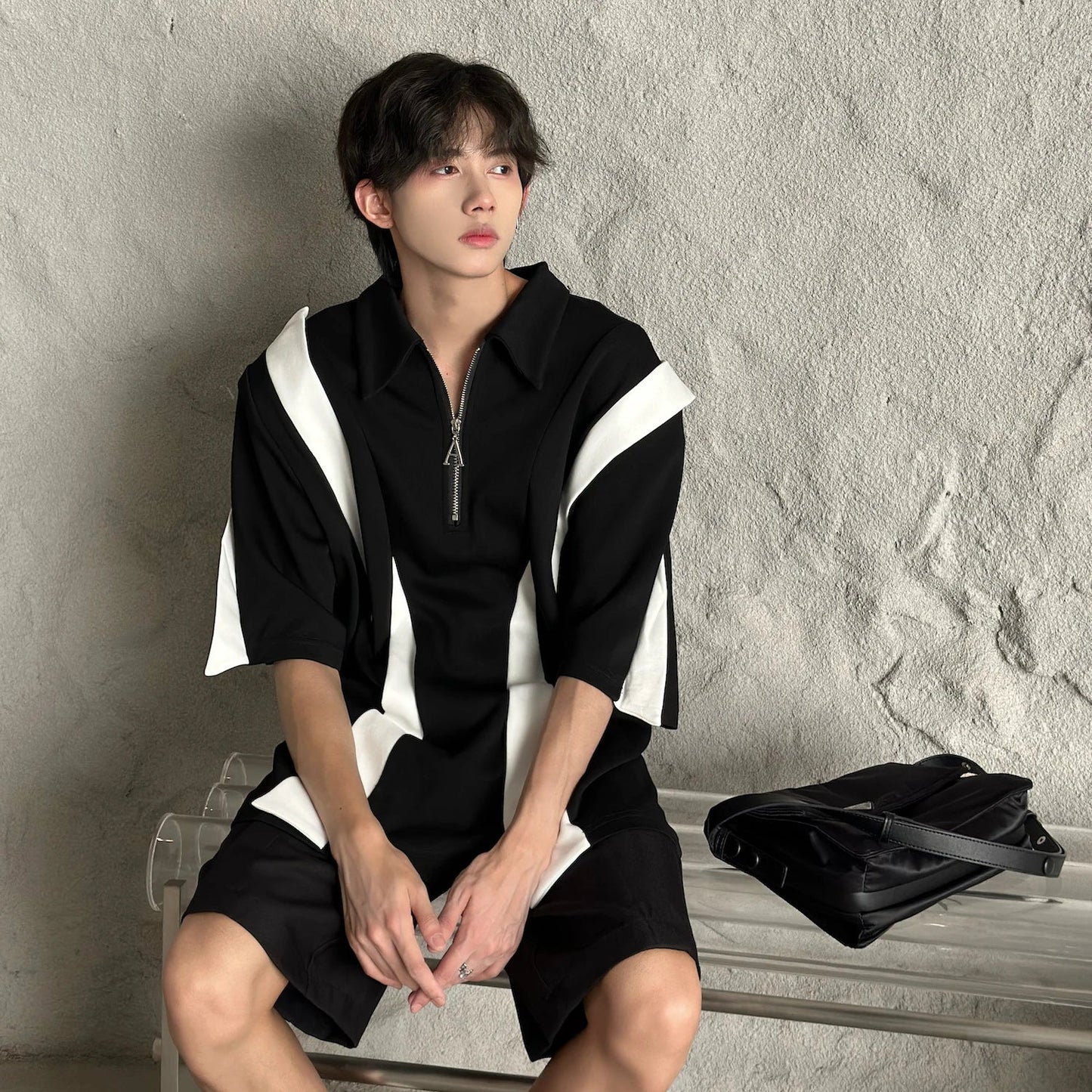 sanyamk - Summer High Street Men T-shirts Black White Contrast Patchwork Turn-down Collar Half Zipper Placket Short Sleeve Tops Tees Boys