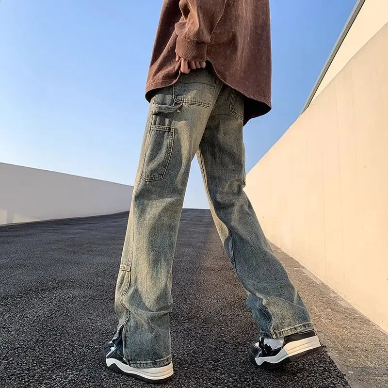 sanyamk American street hip-hop straight leg personalized design for men and women trendy loose leg jeans washed retro casual pants y2k