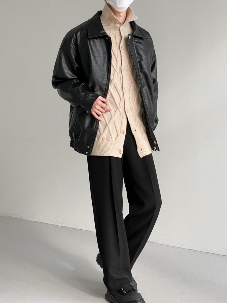 Bonsir PU Leather Jacket Men's Fashion Loose Wear Autumn New Lapel High Street Zipper Long Sleeve Male Short Coat L55