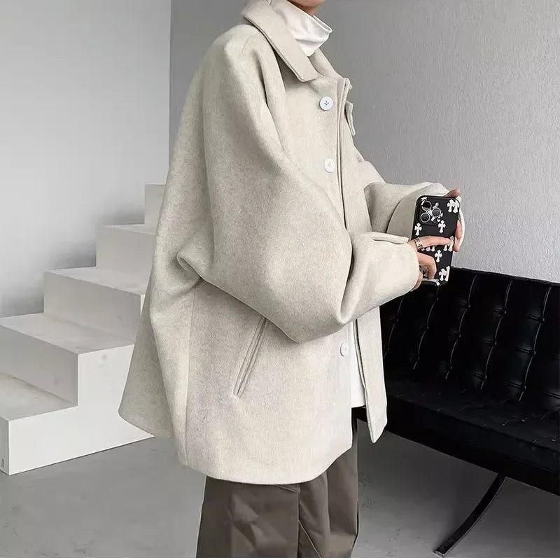 sanyamk Woolen Coat Trendy Men's Autumn and Winter Niche Design American Retro Loose Thickened Jacket Tops K Pop Clothes Men Clothes A29