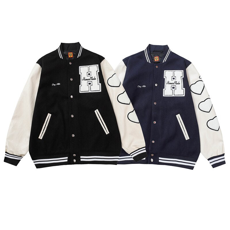 Bonsir Flocking Letter Embroidery Patchwork Human Made Wool Coat for Male and Female Retro Leather Sleeve Oversized Autumn Jackets