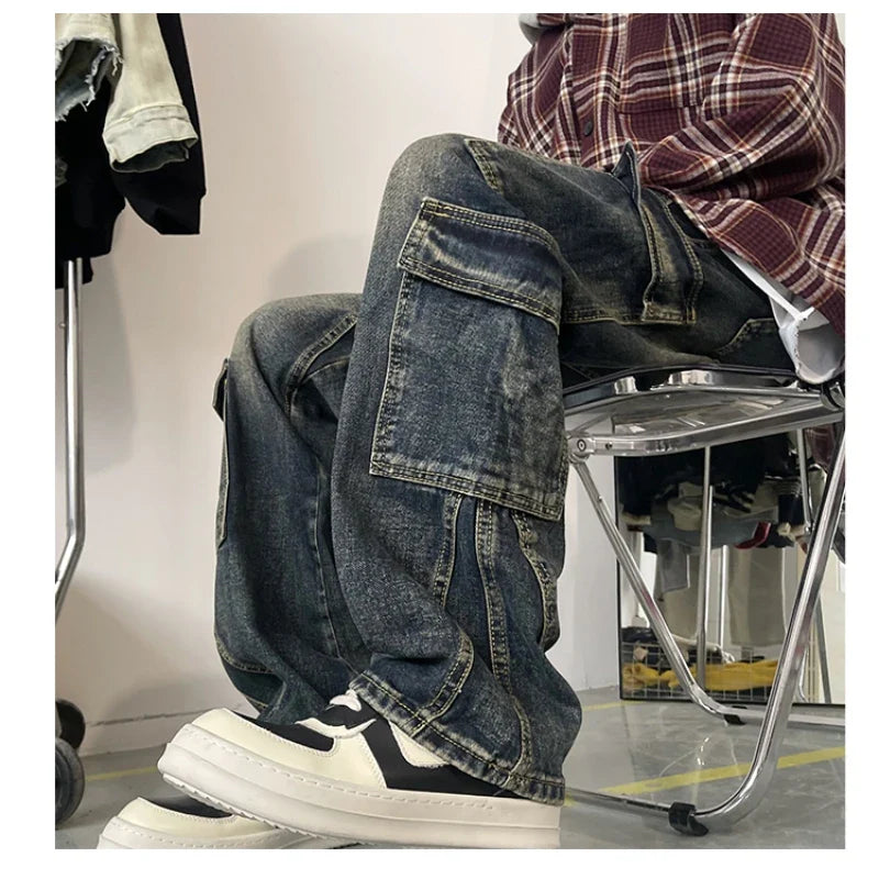 sanyamk New Men's Patchwork Muti-pockets Cargo Jeans Unisex Straight Casual Trousers Men Hip Hop Streetwear Vintage Fashion Pants