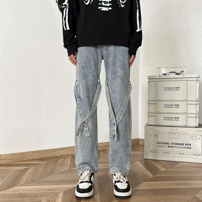 sanyamk American High Street Jeans for Men, Washed Straight-leg Trousers with Straps, Casual, Comfortable and Versatile Long Trousers
