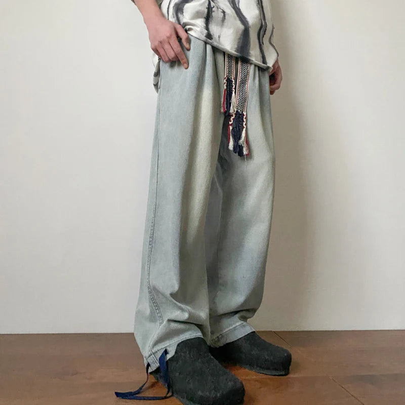 BONSIR - New Fashion Men Jeans Vintage Hip Hop Denim Pants Ethnic Pattern Drawstring Male Straight Loose Streetwear Baggy Cowboy Trousers