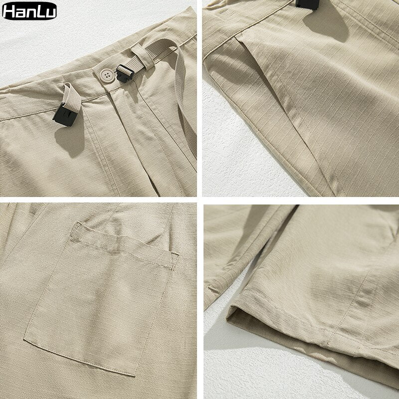 Bonsir Spring/Summer New Korean Street Fashion Men's Loose Belt Design Pleated Casual Pants Men's Retro Wide leg Cargo Pants