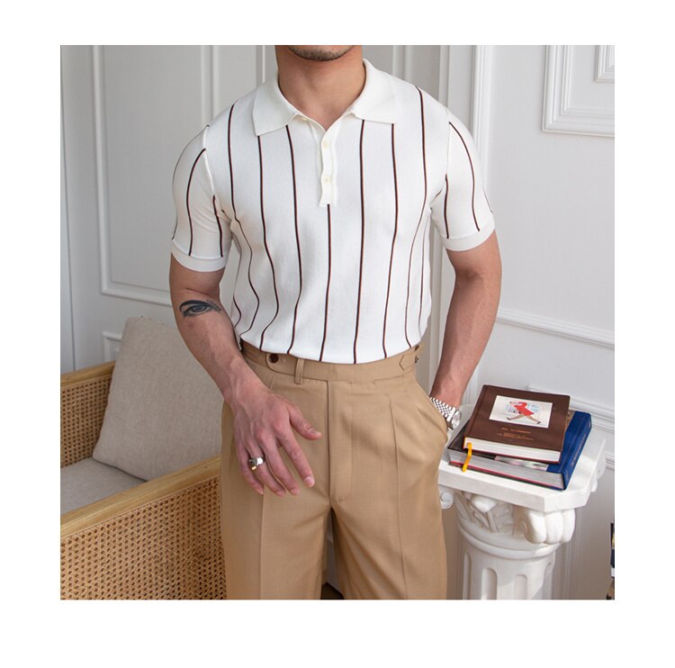 sanyamk Contrasting Stripes Casual Slim Lapel Polo Summer Knit Lapel T-shirt Polo Camisa Hombre British Men's Shirt Mannen Polo