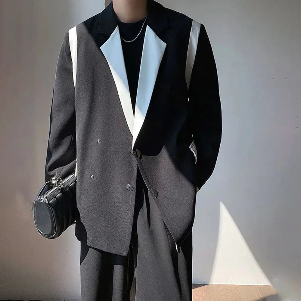 sanyamk Men Blazer Patchwork Lapel Long Sleeve Streewear Button Loose Csual Suits Korean 2024 Fashion Men Thin Coats M-2XL
