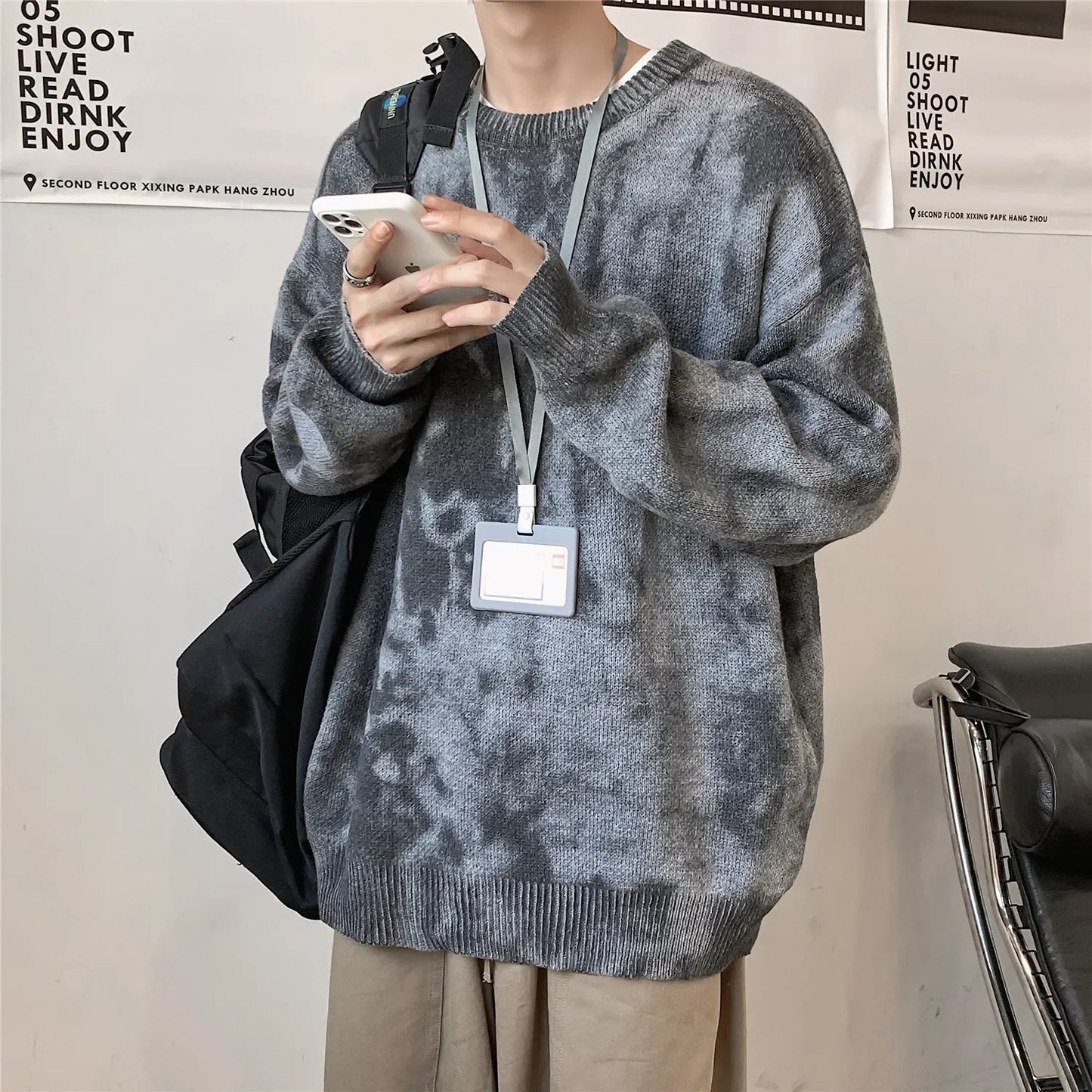 BONSIR - Autumn/Winter New Tie Dye Gradient Printing Sweater Men's Knitwear Loose Round Neck Large Men's Pullover
