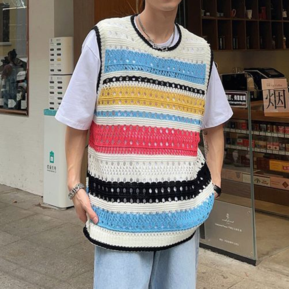 sanyamk Fashion Knitted Vest Y2k Streetwear Trend Hollow Sleeveless Top Men's Striped Contrast Color Loose Tank Tops Genderless Clothing